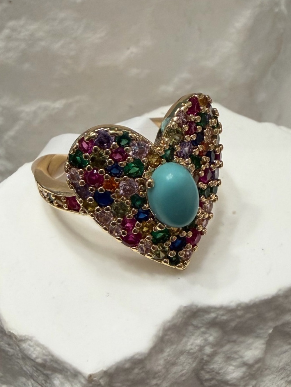 Park Lane Aura Heart Ring Size 8 Gold Tone Multicolor Gem Turquoise Center NWT - Picture 2 of 4